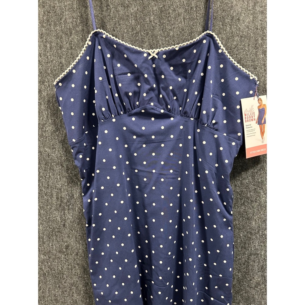 Mills‎ by Millie Bobby Brown Navy Polka Dot Fitted Cami Dress XL NWT Picot Trim